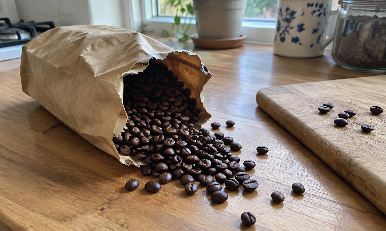 A paper bag tipped over on the counter, beans everywhere, and nobody in a hurry to pick them up.