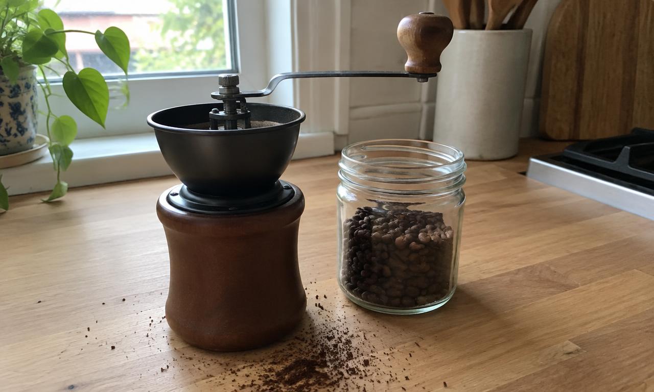 The hand grinder doing its slow, satisfying work beside a jar of beans.