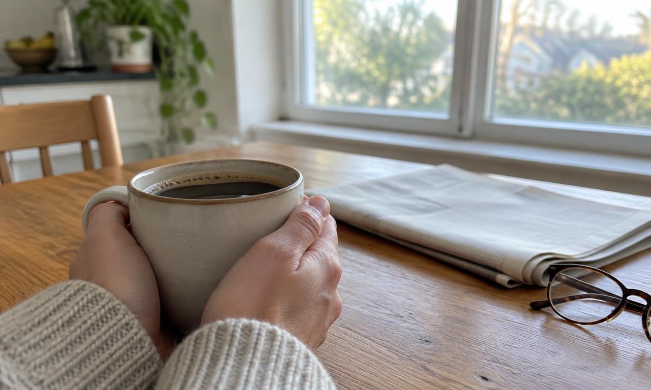 Two hands around a warm mug, the day not yet started, the paper folded nearby.