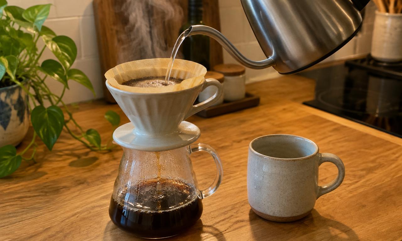 The kettle mid-pour, the bloom rising, the mug waiting patiently below.