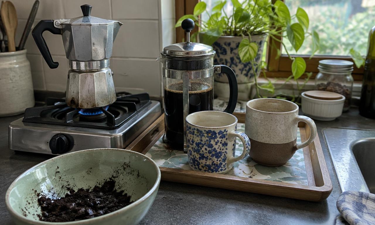 The press doing its work on the stove tray, two mismatched mugs standing by.